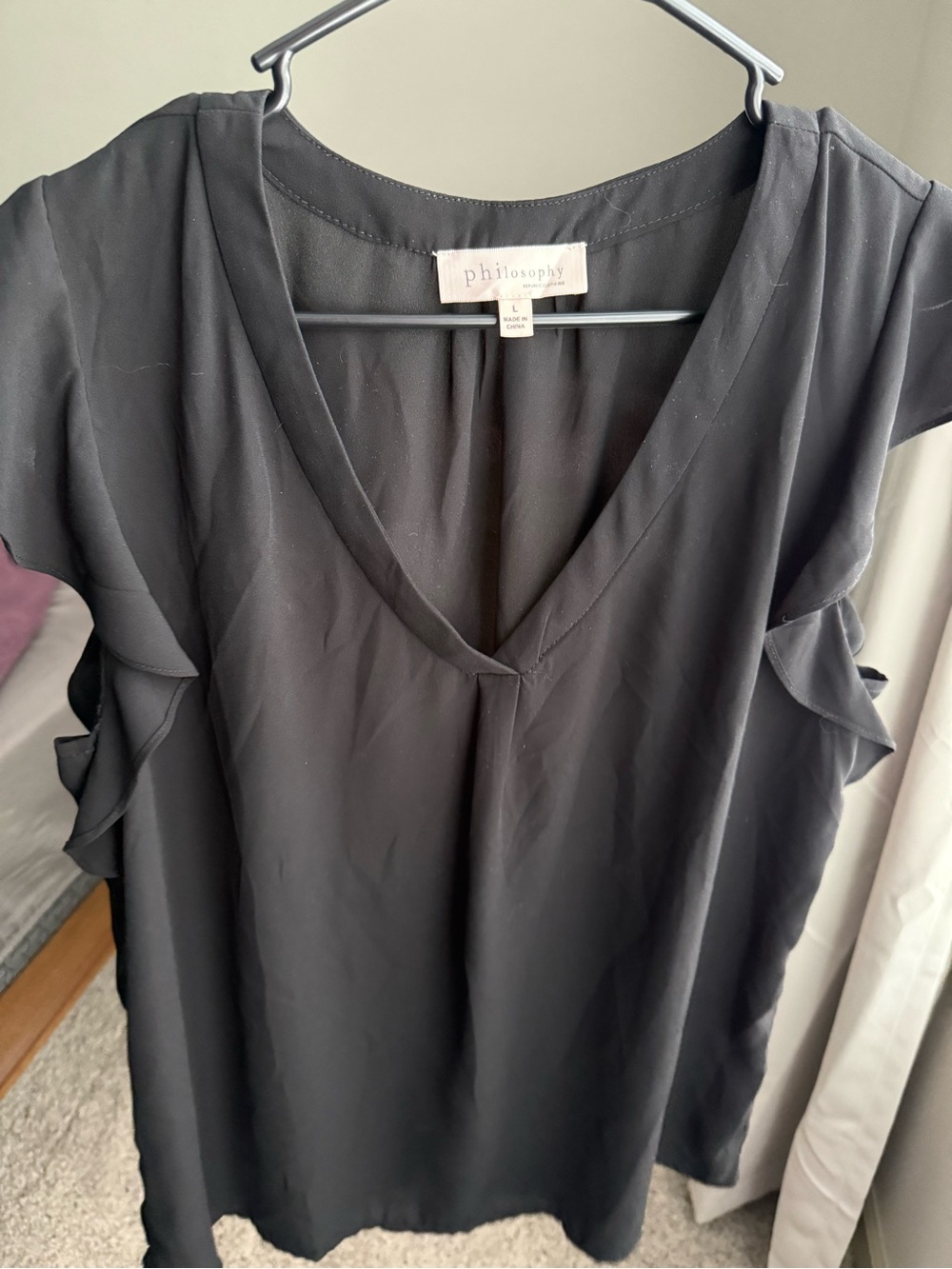 Philosophy Black V-Neck Ruffle Sleeve Top